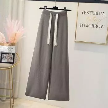 Женские осенне-зимние повседневные трикотажные широкие длинные брюки с высокой талией one size fits all хаки