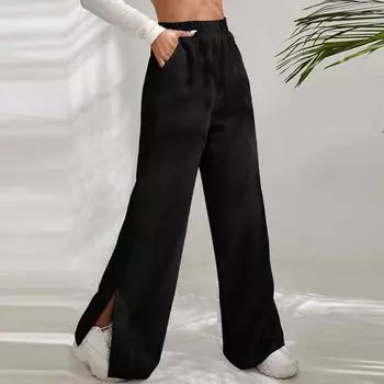 Женские осенне-зимние повседневные вельветовые брюки с высокой талией, однотонные широкие брюки с вставками S чёрный