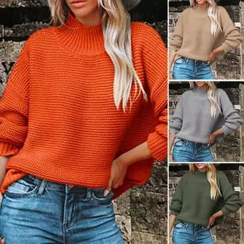 Женские осенне-зимние повседневные вязаные топы с высоким воротником и длинными рукавами, пуловер большого размера с ребристой отделкой, свитер, уличная одежда 2XL оранжевый