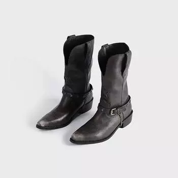 Женские осенне-зимние рыцарские сапоги на толстом каблуке с боковой молнией, пряжкой на ремне, заостренным носком, сапоги до щиколотки, сапоги в стиле вестерн 35 чёрный