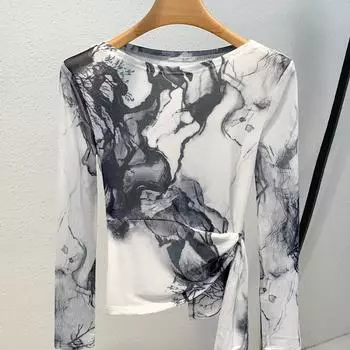 Женские осенне-зимние сетчатые топы с принтом чернил на одно плечо Temperament Inner S белый