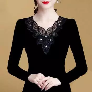 Женские осенне-зимние сексуальные кружевные элегантные простые футболки с длинным рукавом, тонкие толстые теплые пуловеры, модные однотонные топы с V-образным вырезом L