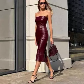 Женские осенне-зимние сексуальные облегающие платья из искусственной кожи, однотонные, с разрезом S бордовый