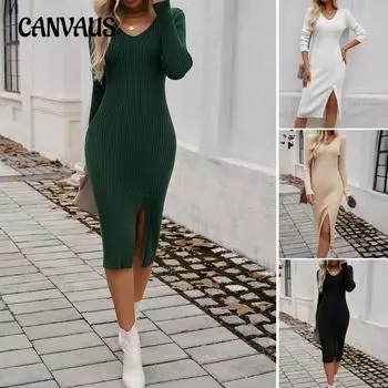 Женские осенне-зимние сексуальные облегающие платья-свитера с V-образным вырезом и разрезом S чёрный