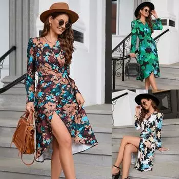 Женские осенне-зимние сексуальные повседневные платья с разрезом и V-образным вырезом и длинными рукавами S