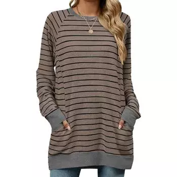 Женские осенне-зимние свитера в полоску контрастного цвета с круглым вырезом и длинным рукавом, с карманом, толстовка с капюшоном, футболка для женщин S