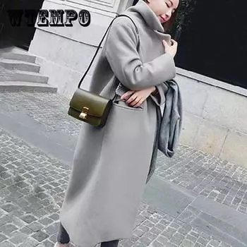 Женские осенне-зимние свободные повседневные шерстяные пальто для офиса, Корейская версия, большой размер, модная теплая длинная ветровка XXL светло-зеленый