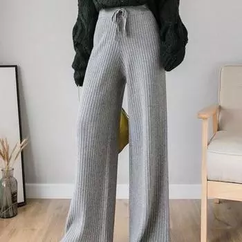 Женские осенне-зимние свободные шерстяные утолщенные трикотажные брюки с высокой талией, широкие длинные one size fits all хаки