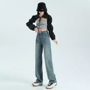 Женские осенне-зимние свободные широкие брюки с высокой талией для женщин, осенне-зимние прямые меховые брюки в стиле ретро, синие в пол XS