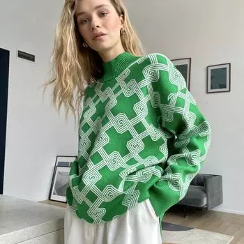 Женские осенне-зимние свободные вязаные топы для дам, повседневный свитер с высоким воротом и длинным рукавом с принтом S