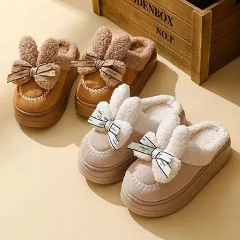 Женские осенне-зимние тапочки большого размера с толстой подошвой для дома из хлопка, повседневные бархатные меховые хлопковые тапочки с бантом, женские теплые нескользящие тапочки для пар 36-41 36-37(one size smaller) чёрный