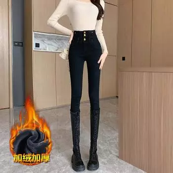Женские осенне-зимние теплые джинсы для похудения, утолщенные брюки-карандаш 2XL чёрный