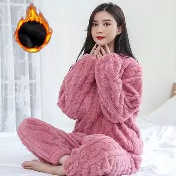 Женские осенне-зимние теплые комплекты из 2 предметов, плотный бархатный флисовый комплект в рубчик, пуловер и брюки, повседневные пижамные комплекты Plus size синий