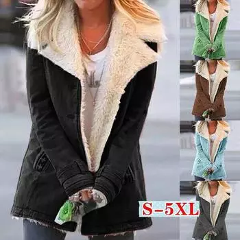 Женские осенне-зимние теплые куртки с отложным воротником на подкладке из искусственного меха, женская мода, толстые куртки с лацканами, верхняя одежда с пуговицами, большие размеры XXXXXL чёрный