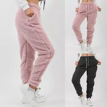 Женские осенне-зимние теплые пушистые брюки на шнурке, Тедди, кашемировые теплые повседневные шаровары, одежда для сна, брюки XL чёрный