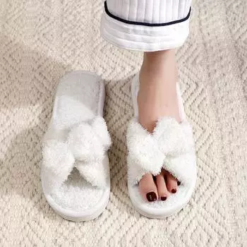 Женские осенне-зимние теплые пушистые тапочки, удобные нескользящие тапочки на плоской подошве для дома, хлопковые туфли, модные тапочки с открытым носком и бантом из плюша для дома 36-37 белый