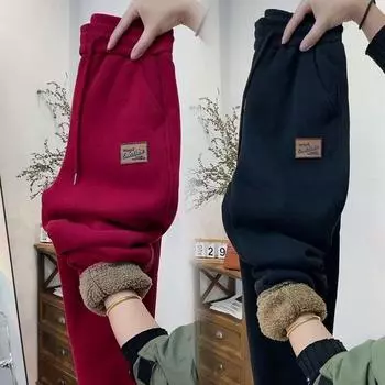 Женские осенне-зимние теплые толстые флисовые брюки модные термобелье плюшевые брюки повседневные спортивные спортивные брюки с эластичной талией M чёрный