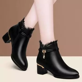 Женские осенне-зимние теплые тонкие бархатные сапоги из искусственной кожи с кружевной отделкой и толстым каблуком 40 чёрный