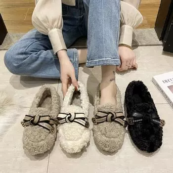 Женские осенне-зимние теплые туфли без застежек на мягкой подошве с мехом, женские уличные мокасины с бантом на флисовой подкладке 35