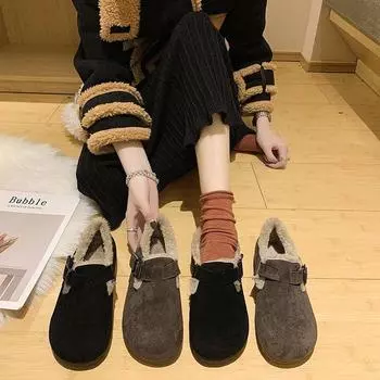 Женские осенне-зимние теплые туфли на плоской подошве с флисовой подкладкой и металлической пряжкой, женские повседневные мокасины, низкие хлопковые туфли без застежек 35