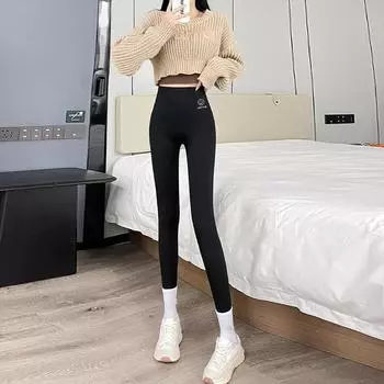 Женские осенне-зимние термобелье повседневные кашемировые леггинсы флисовые обтягивающие теплые штаны для йоги с высокой талией M чёрный