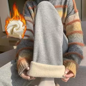 Женские осенне-зимние толстые флисовые брюки 2024 года, новые свободные повседневные широкие брюки с высокой талией, однотонные женские простые брюки 2382 S чёрный