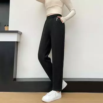 Женские осенне-зимние толстые флисовые шаровары с высокой талией, модные простые однотонные узкие эластичные брюки 2XL чёрный