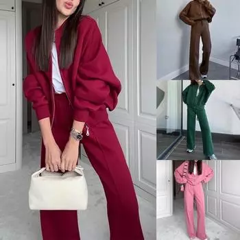 Женские осенне-зимние толстые спортивные двухсекционные винтажные однотонные женские костюмы с длинными рукавами, повседневные пальто на молнии с круглым вырезом + брюки на шнуровке XXL белый