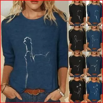 Женские осенне-зимние топы из искусственной кожи, свободные повседневные футболки с длинными рукавами и принтом кота, блузка S чёрный