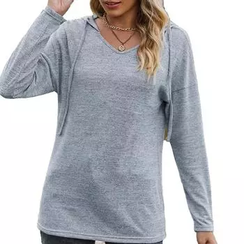 Женские осенне-зимние топы, однотонная повседневная футболка с v-образным вырезом и капюшоном с длинными рукавами S зелёный