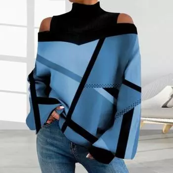 Женские осенне-зимние топы с контрастным цветным принтом, свободная футболка с воротником и открытыми плечами, фонариком и длинными рукавами L