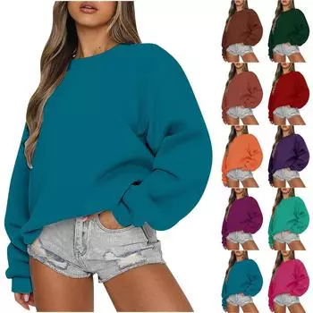Женские осенне-зимние топы, женская толстовка с длинными рукавами, повседневные флисовые топы с круглым вырезом, свободный крой, половер XXL синий