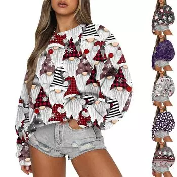 Женские осенне-зимние топы, женская толстовка с длинными рукавами, рождественские повседневные флисовые топы с круглым вырезом, свободный крой XXL серый