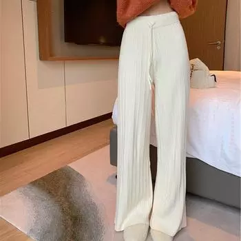 Женские осенне-зимние трикотажные широкие брюки с высокой талией, прямые, свободные, большого размера, длинные брюки One Size белый