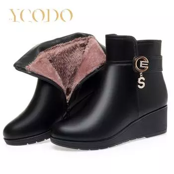 Женские осенне-зимние удобные нескользящие кожаные ботинки с плюшевой подкладкой и внутренней молнией 42 чёрный