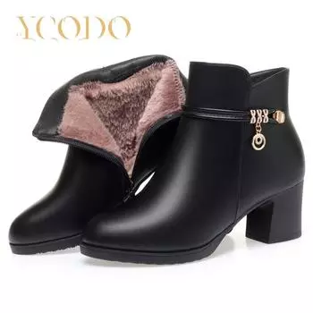 Женские осенне-зимние удобные повседневные кожаные ботинки на высоком каблуке с плюшевой подкладкой 42 чёрный