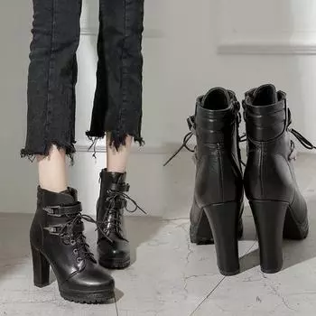 Женские осенне-зимние универсальные кожаные сапоги на высоком каблуке 35 чёрный