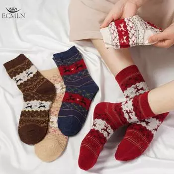 Женские осенне-зимние утолщенные хлопковые теплые носки с рисунком лося на Рождество, носки средней толщины, двойной денье, подарочные носки для фестиваля One Size белый