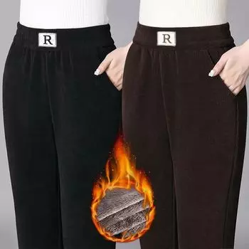 Женские осенне-зимние вельветовые брюки из флиса, утолщенные, с высокой талией, прямые леггинсы, теплые повседневные брюки, брюки для мам, большие размеры M чёрный