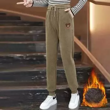 Женские осенне-зимние вельветовые повседневные спортивные брюки с высокой талией и завязкой на щиколотке, бархатные утолщенные санитарные брюки M чёрный