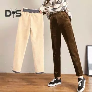 Женские осенне-зимние вельветовые шаровары с эластичной резинкой на талии и карманами, однотонные длинные брюки, повседневные брюки с утолщенной флисовой подкладкой L серый