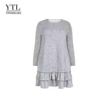 Женские осенне-зимние вязаные нарядные топы с круглым воротником и длинными рукавами, платье-футболка больших размеров