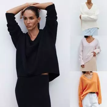 Женские осенне-зимние вязаные топы для дам, свободный однотонный повседневный свитер с v-образным вырезом и длинным рукавом S розы красного