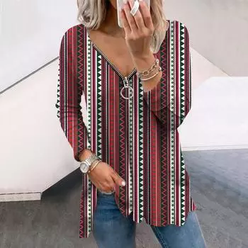 Женские осенние элегантные ретро-футболки с длинным рукавом и принтом, свободные футболки с V-образным вырезом больших размеров, удобные блузки XS розовый