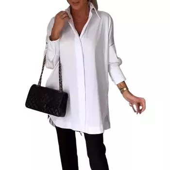 Женские осенние блузки, модные простые рубашки с длинными рукавами и лацканами, свободные, больших размеров, однотонные, повседневные женские рубашки S белый