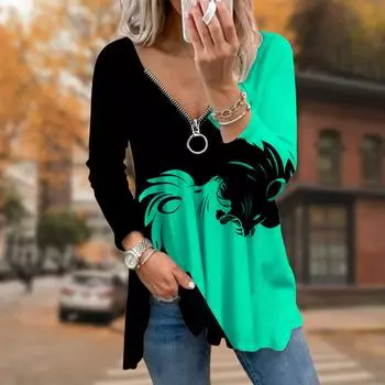 Женские осенние черно-белые футболки с длинным рукавом и принтом льва, свободные футболки больших размеров с V-образным вырезом, удобные блузки XS розовый