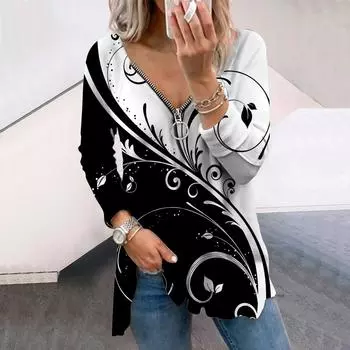 Женские осенние цветочные белые изогнутые цветочные футболки с длинным рукавом, свободные футболки с V-образным вырезом больших размеров, удобные блузки XS белый
