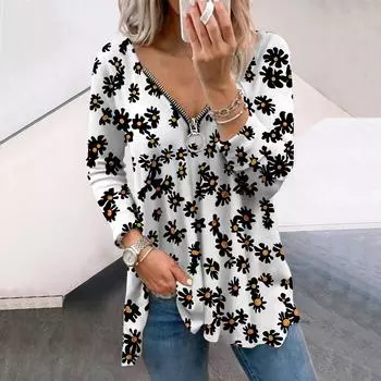 Женские осенние цветочные белые подсолнухи с длинным рукавом футболки свободные V-образный вырез плюс размер футболка топы удобная блузка XS белый