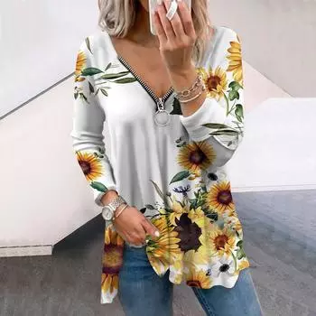 Женские осенние цветочные белые подсолнухи с длинным рукавом футболки свободные V-образный вырез плюс размер футболка топы удобная блузка XS зелёный