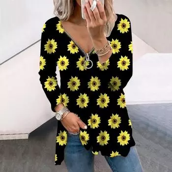 Женские осенние цветочные фиолетовые подсолнухи с длинным рукавом футболки свободные V-образный вырез плюс размер футболка топы удобная блузка XS фиолетовый